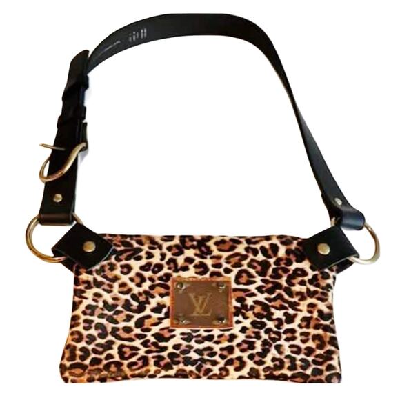 Recycled Leopard Print Leather Shoulder Bag w/ Repurposed Belt Strap & LV Canvas - Picture 1 of 4